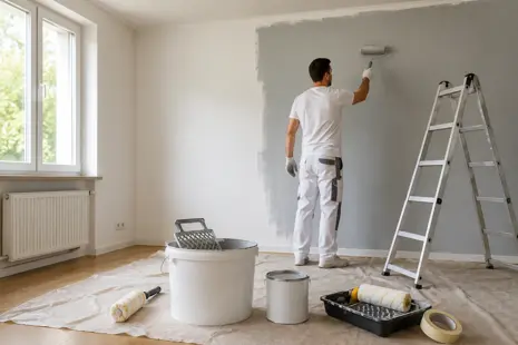 Professioneller Maler streicht eine Innenwand – Anleitung für saubere und hochwertige Malerarbeiten